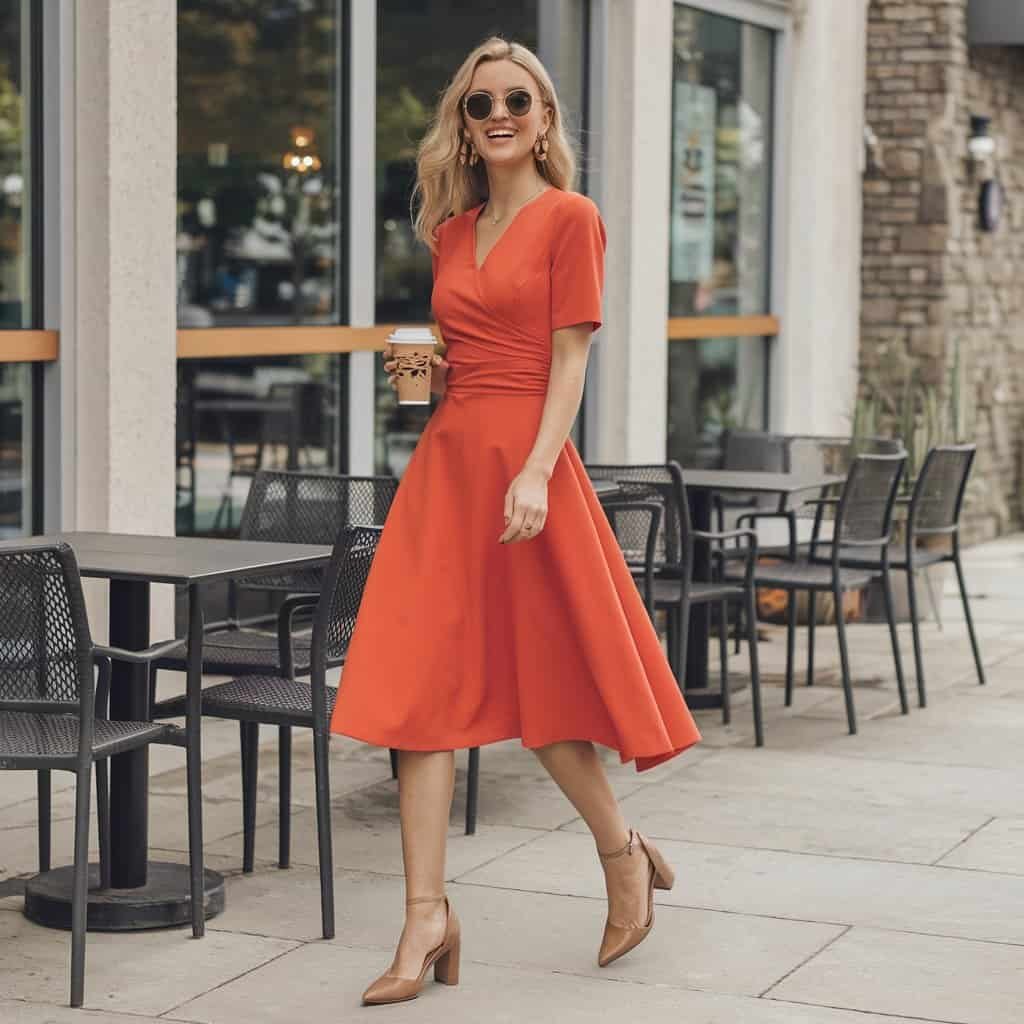 Close-up of a Brightly Colored Wrap Dress, combining the wrap silhouette with a fit-and-flare design for a flattering shape