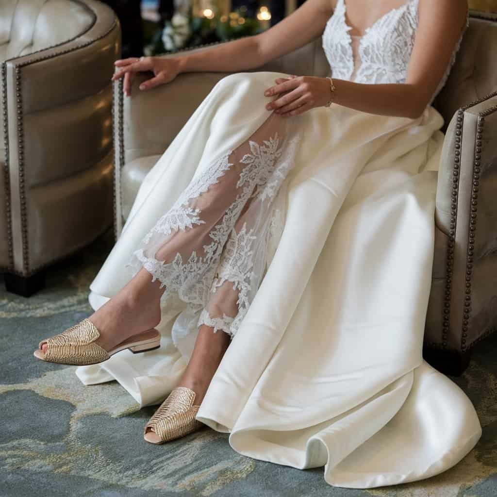 Chic bridal gown complemented by Elegant Comfort Mules – Comfortable Wedding Shoes for timeless style