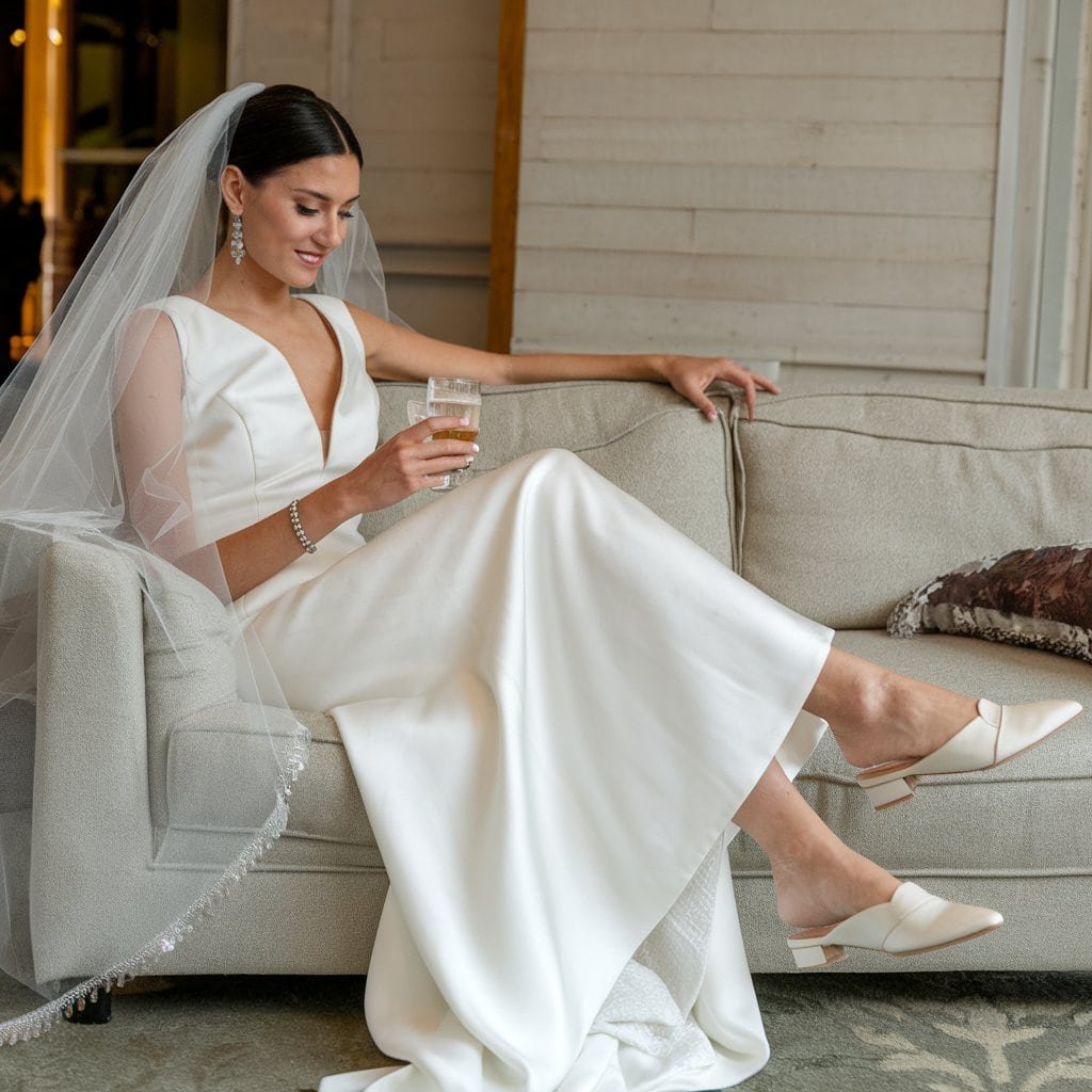 Close-up of Elegant Comfort Mules with cushioned insoles – Comfortable Wedding Shoes for quick changes.