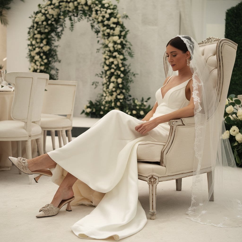 Bride in Elegant Comfort Mules slipping into ease during her wedding – Comfortable Wedding Shoes for convenience