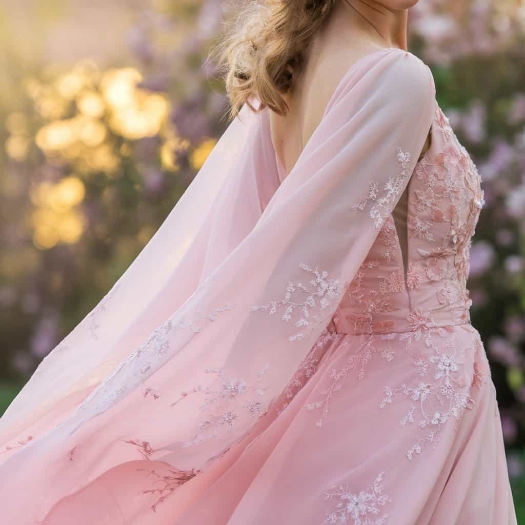 A majestic blush wedding dress with a full skirt and delicate lace accents, perfect for an enchanting ceremony.
