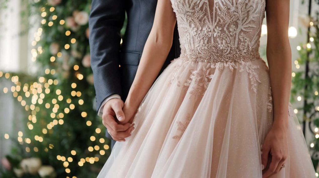 Close-up of a radiant bride wearing a blush wedding dress, showcasing intricate lace details, delicate beadwork, and flowing tulle fabric, with a groom holding her hand amidst a romantic garden backdrop. 