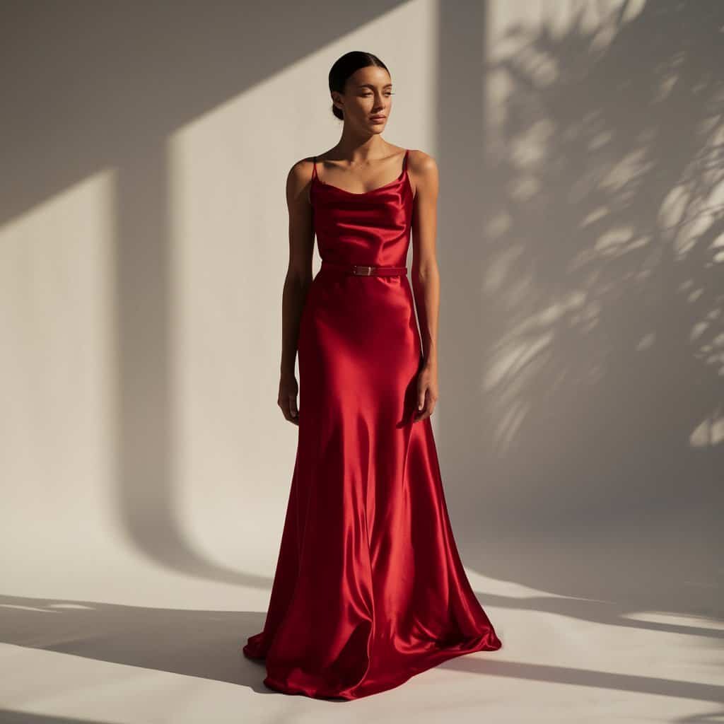 Beach wedding bride glowing in a modern minimalist red wedding dress with a flowing design.
