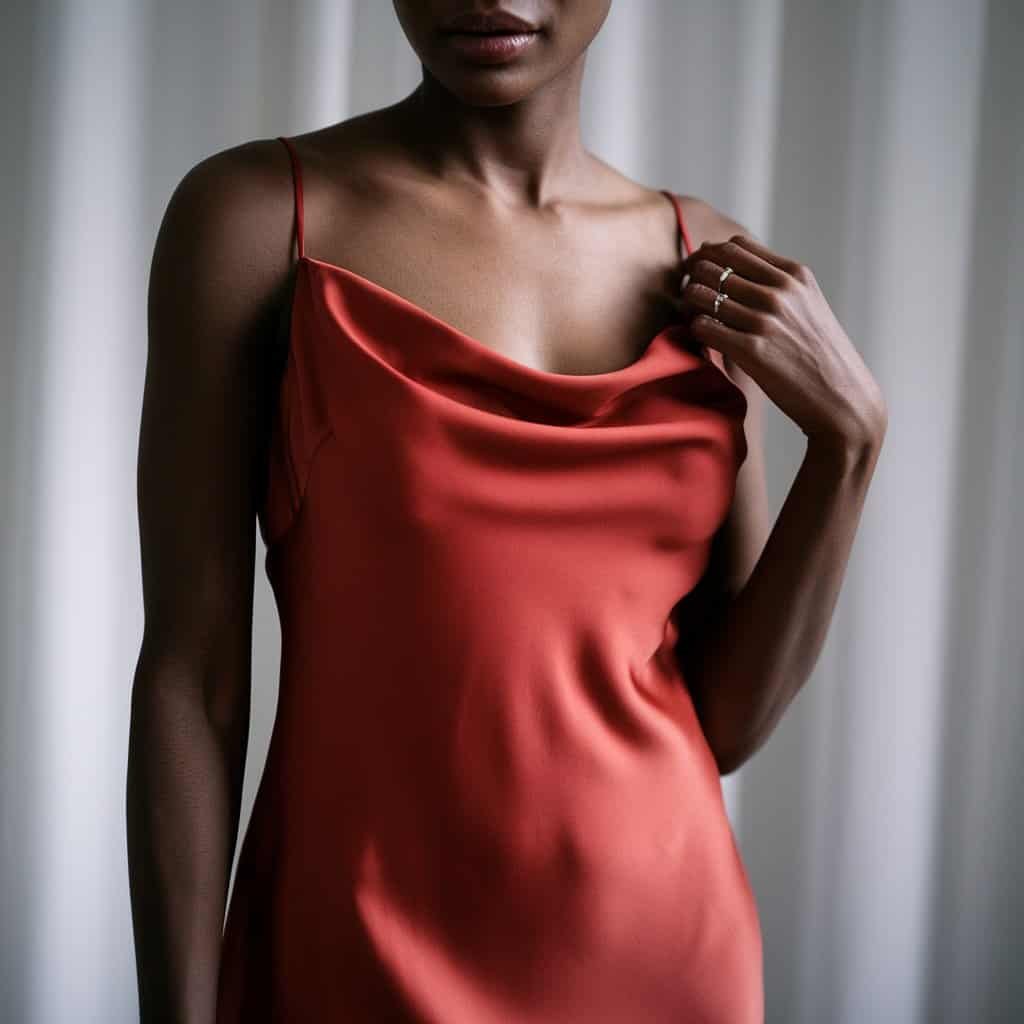 Bride in a luxurious silk charmeuse red slip dress, showcasing elegance and simplicity in red wedding dresses.