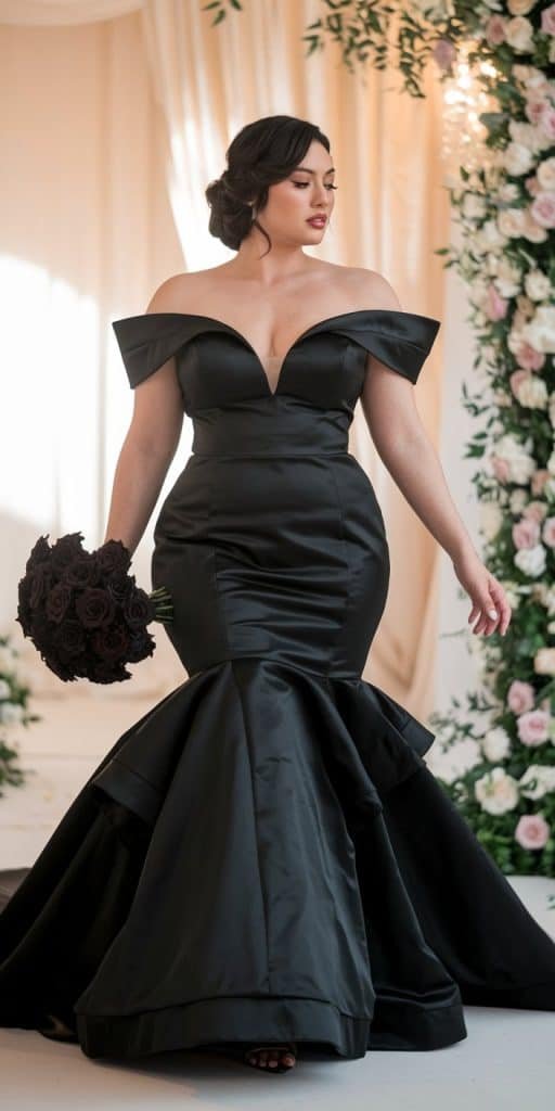 Bold plus size black mermaid wedding dress accentuating curves and dramatic flares