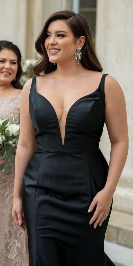 Elegant plus size black ball gown wedding dress with full dramatic skirt and fitted bodice