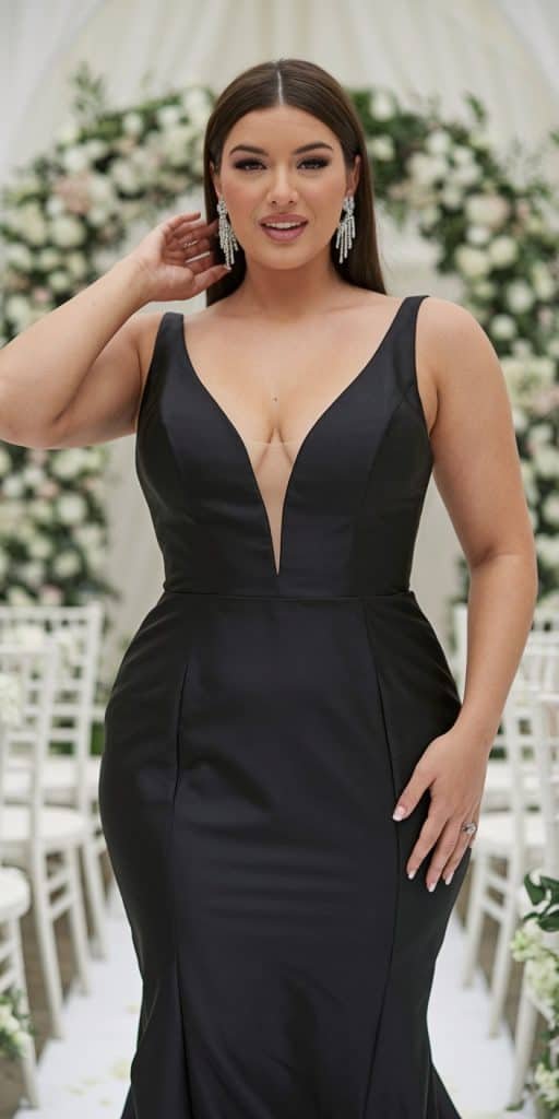 Royal plus size black ball gown wedding dress with fitted bodice and dramatic skirt
