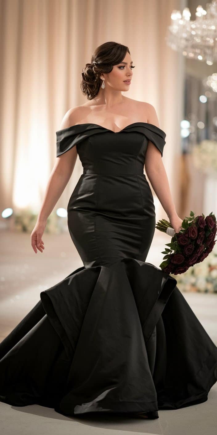 Stunning plus size black mermaid wedding gown with fitted bodice and knee-length flare