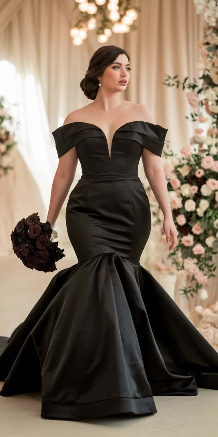 Elegant plus size black mermaid wedding dress highlighting a dramatic silhouette