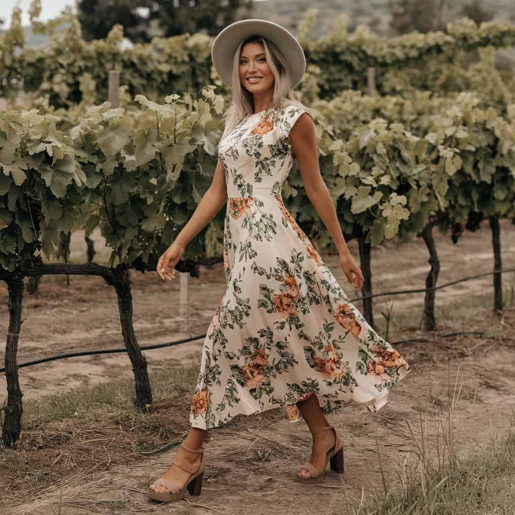 Vintage Floral Maxi Fit and Flare Dress with a wide-brim hat, exuding a nostalgic, elegant vibe.