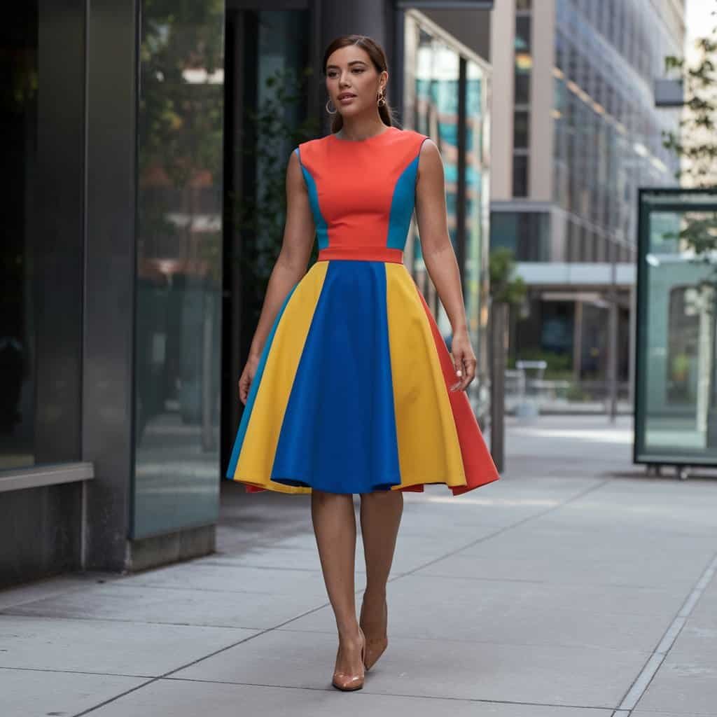 Close-up of a Bold Colorblock Fit and Flare Dress with striking contrasting colors, perfect for bold fashion lovers