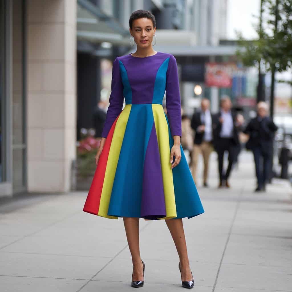Vibrant Bold Colorblock Fit and Flare Dress perfect for making a statement at any casual or semi-formal event.