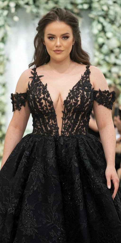 Daring plus size black wedding gown with plunging neckline and stylish updo