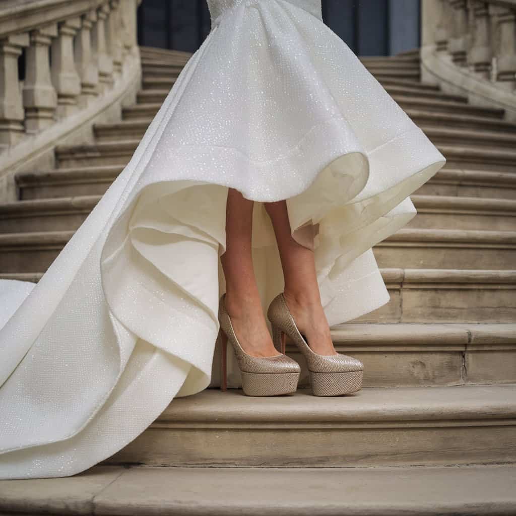 Comfortable Wedding Shoes with a touch of drama, seen in Cushioned Platform Pumps under a mermaid gown