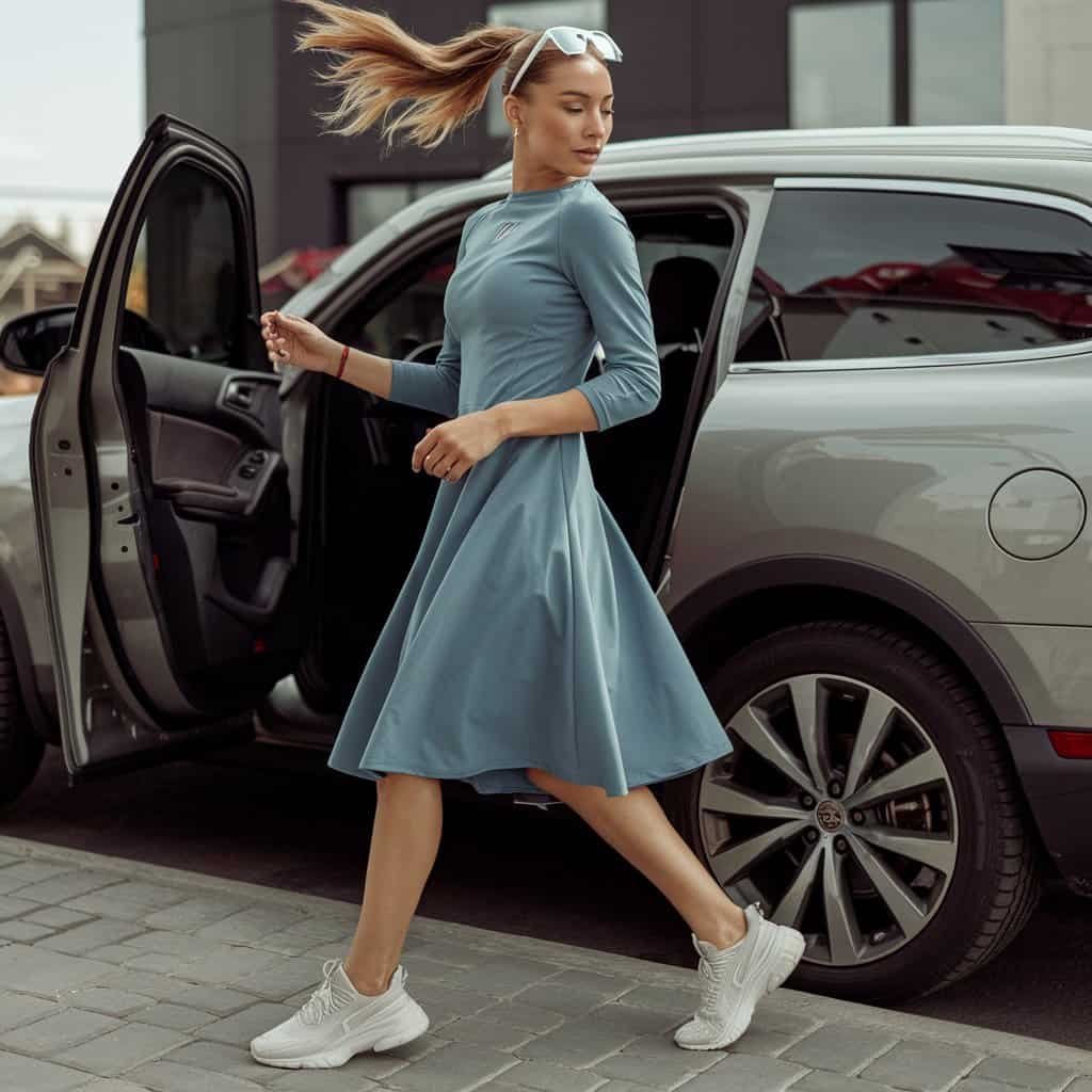 Woman wearing Sporty Midi Flare Dress transitioning from daytime errands to casual evenings