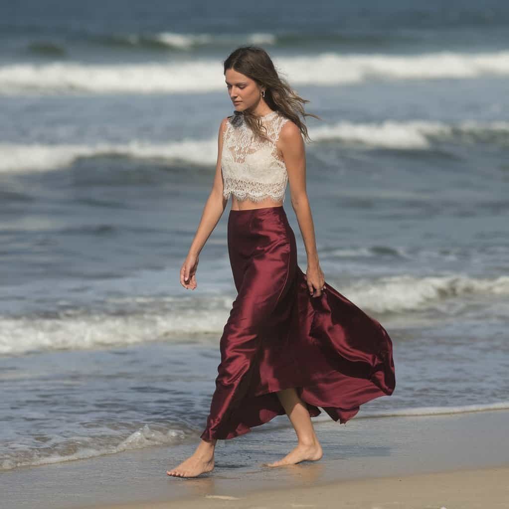 Red two-piece wedding dress with lace detailing, an eye-catching choice for modern beach ceremonies.