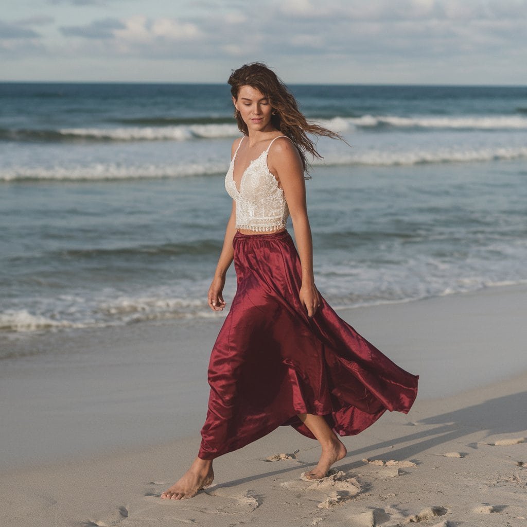 Unique garnet red wedding dress with a fresh and modern vibe, perfect for non-traditional weddings.
