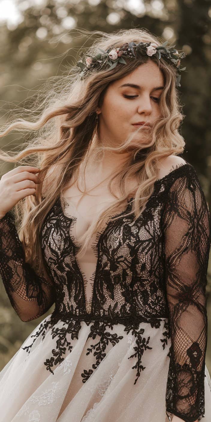 Edgy and romantic Plus Size Black Wedding Dress with Bohemian lace, perfect for uniqueness.