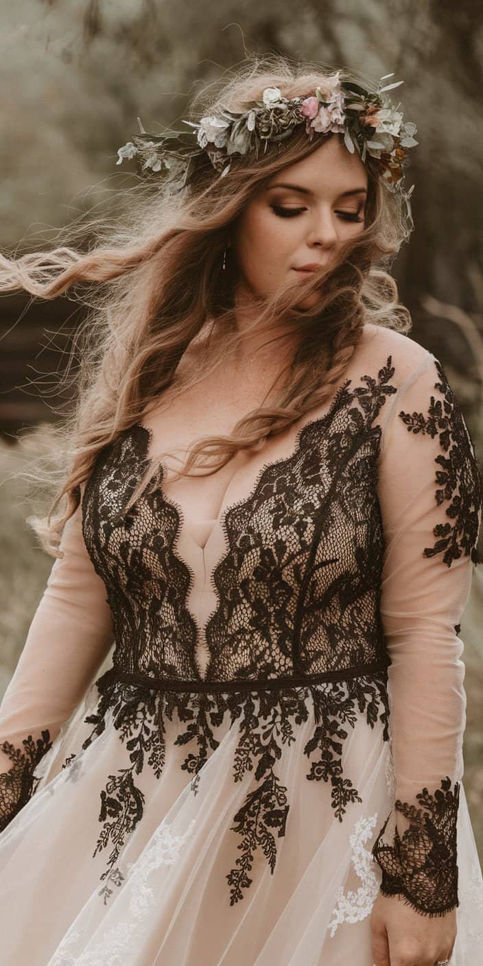 Delicate lace details on Plus Size Black Wedding Dress Bohemian style for a sultry bridal look.