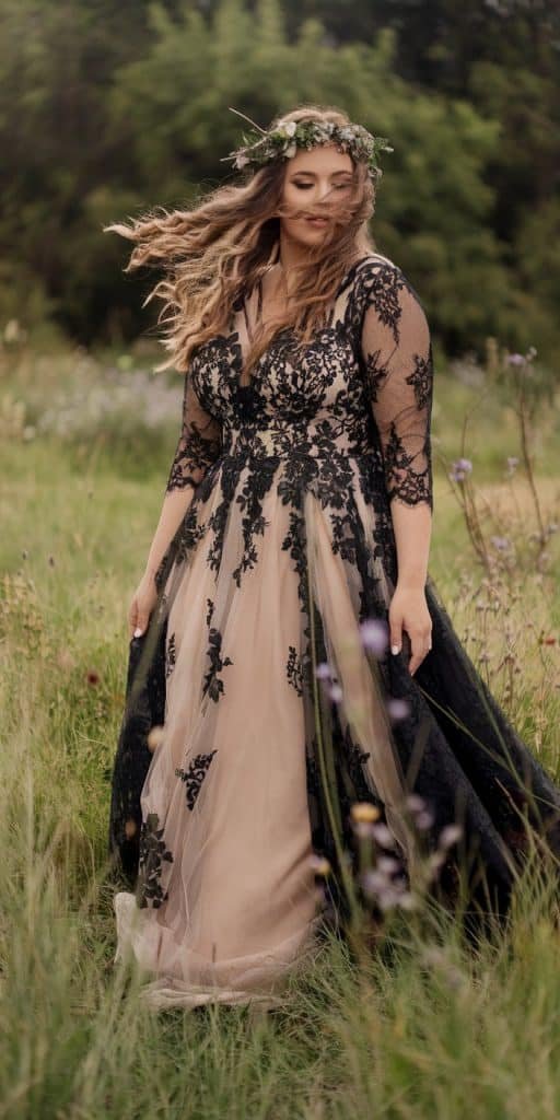 Free-spirited Plus Size Black Wedding Dress Bohemian lace gown with romantic floral crown