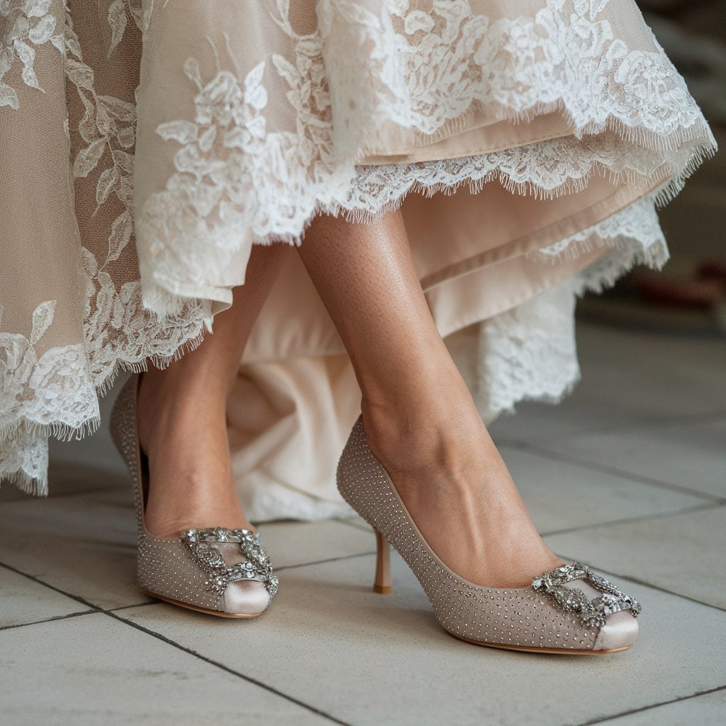 Comfortable Wedding Shoes with padded footbed, captured on Embellished Low-Heel Pumps under a lace gown