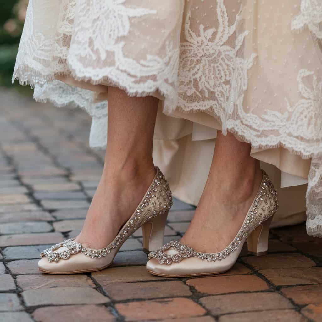 Stylish bride walking down the aisle in Embellished Low-Heel Pumps – Comfortable Wedding Shoes for elegance