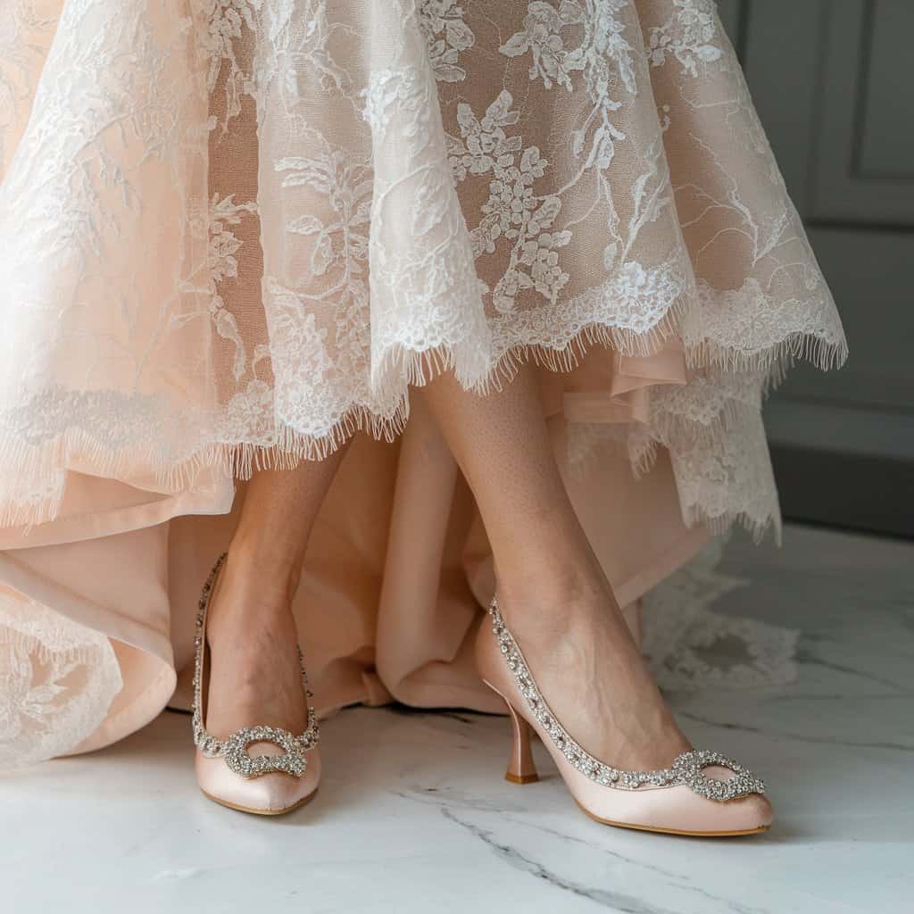 Bride wearing Embellished Low-Heel Pumps for a perfect mix of height and comfort – Comfortable Wedding Shoes