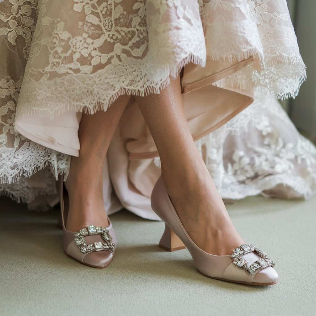 Close-up of Embellished Low-Heel Pumps with rhinestone details, ideal Comfortable Wedding Shoes for brides