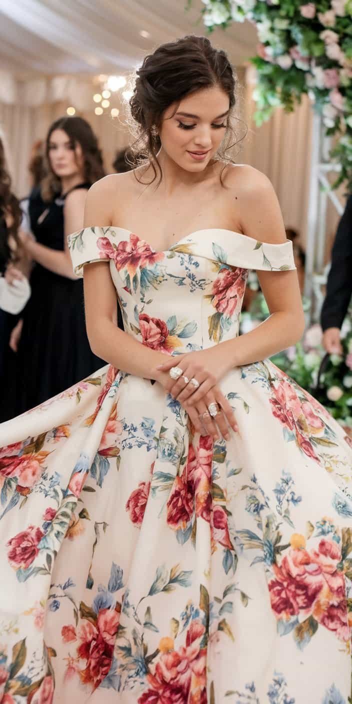 Feminine prom dress adorned with fresh floral designs for spring elegance.