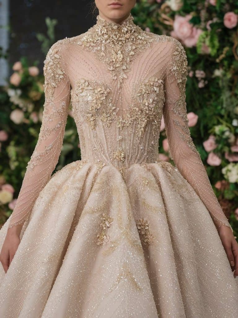 Ethereal Marchesa bridal gown with high-neckline, voluminous skirt, luxurious fabric, and intricate embellishments inspired by nature’s beauty