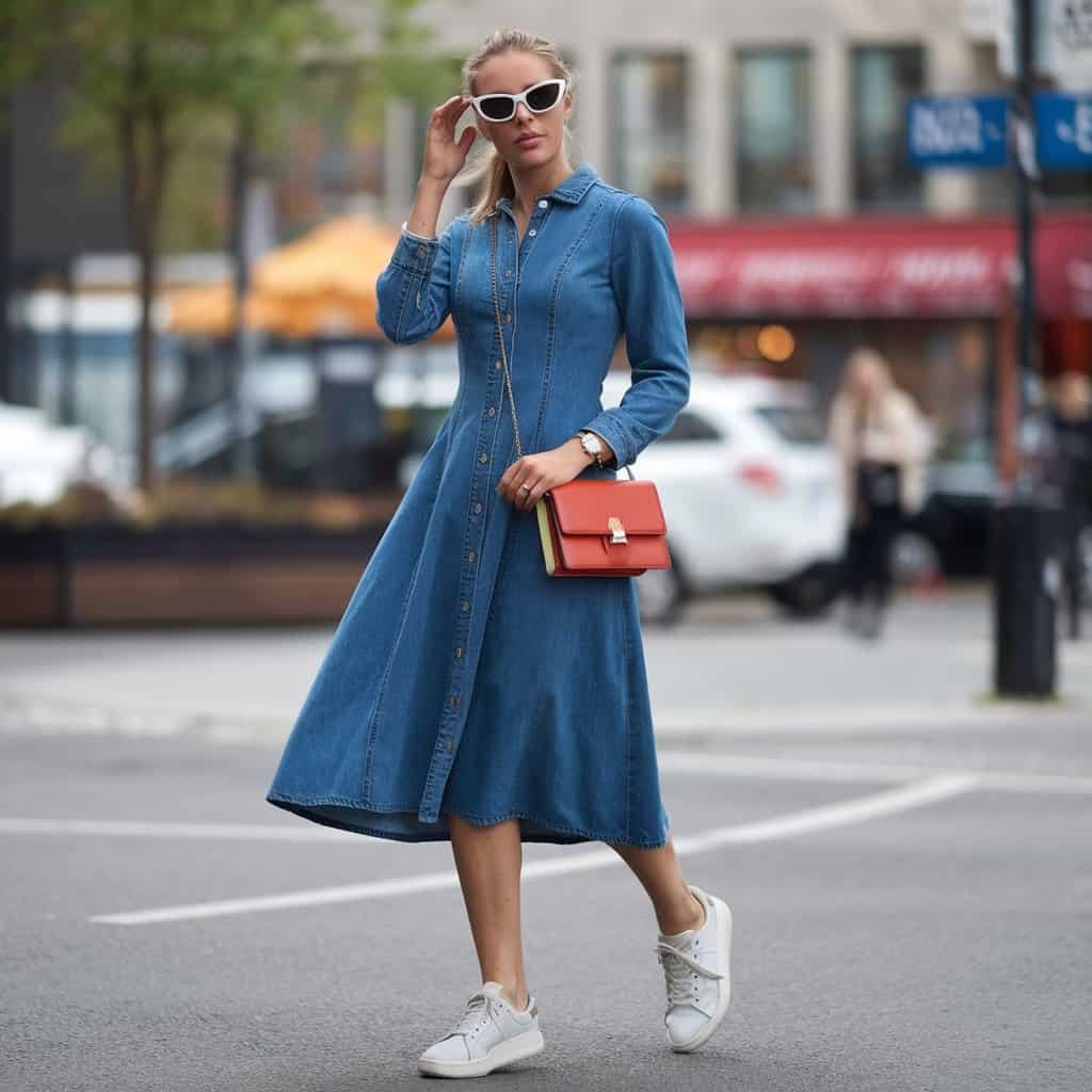 Medium-wash Chic Denim Flare Dress with button details for a playful weekend look