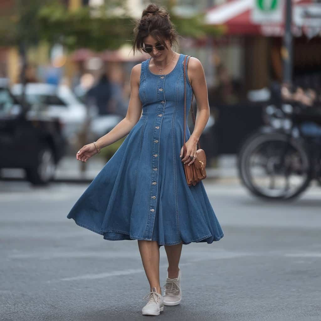 Woman in Chic Denim Flare Dress walking through the city streets with casual white sneakers