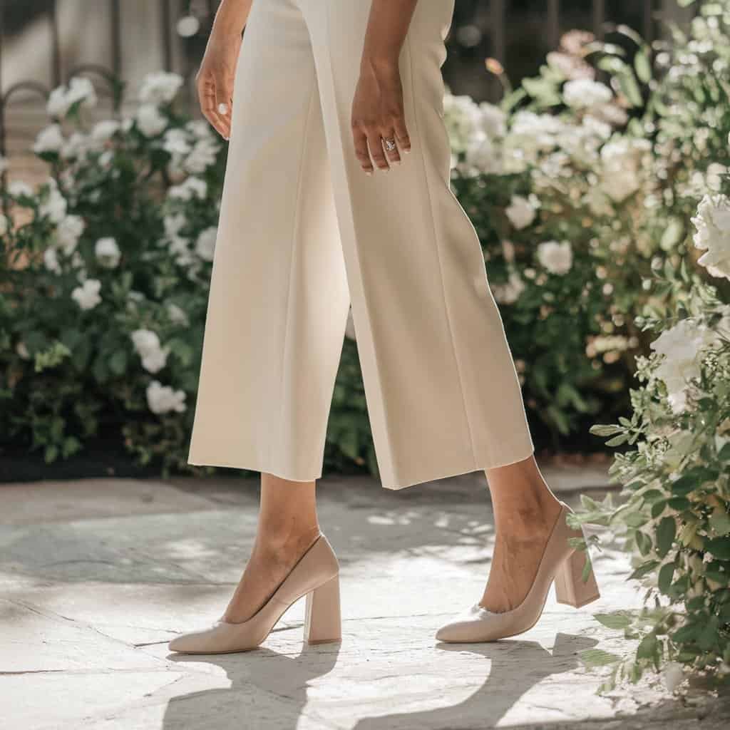 Modern bride wearing Stylish Block Heel Shoes in a garden – Comfortable Wedding Shoes for stability and grace.