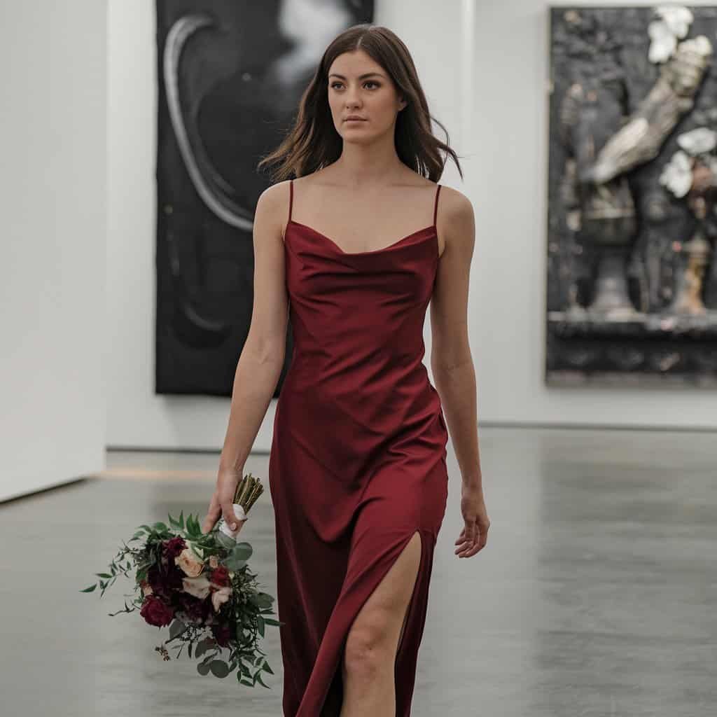 Silky crimson slip red wedding dress, an elegant choice for contemporary brides.