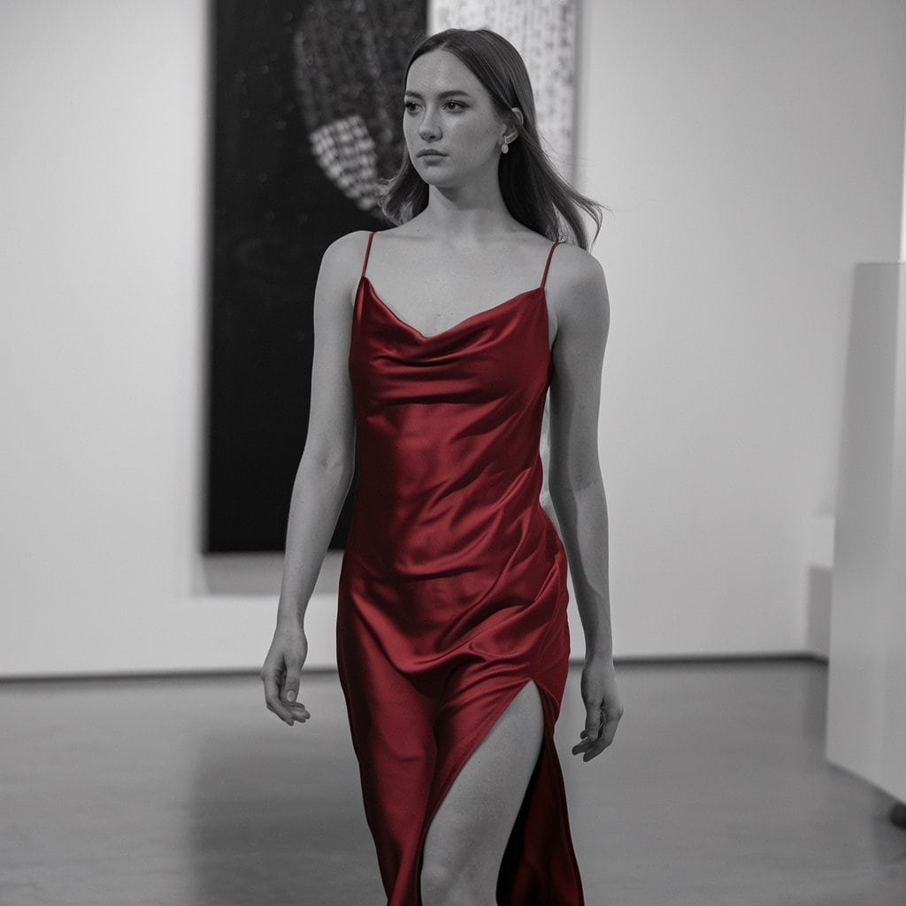 Rooftop wedding bride in a minimalist crimson red slip dress, embodying sleek sophistication.