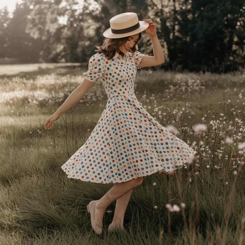 Woman in a playful Polka Dot Fit and Flare Dress with a straw hat, perfect for picnics and casual outdoor events.