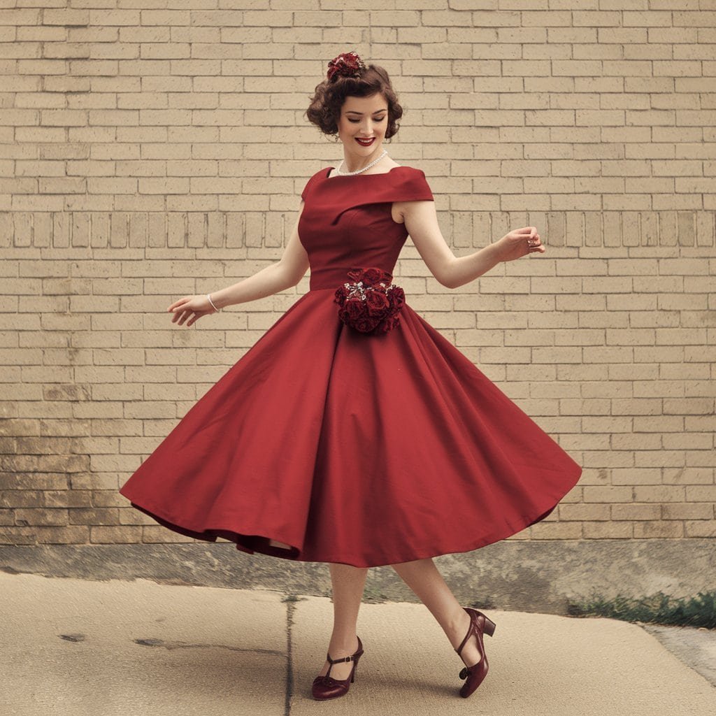 Twirling bride in a cherry red tea-length red wedding dress, perfect for showcasing bridal shoes.