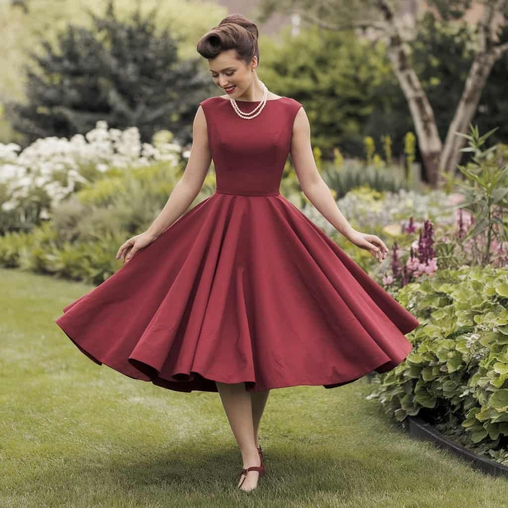 Retro-inspired cherry red tea-length wedding dress with a fitted bodice and playful skirt.