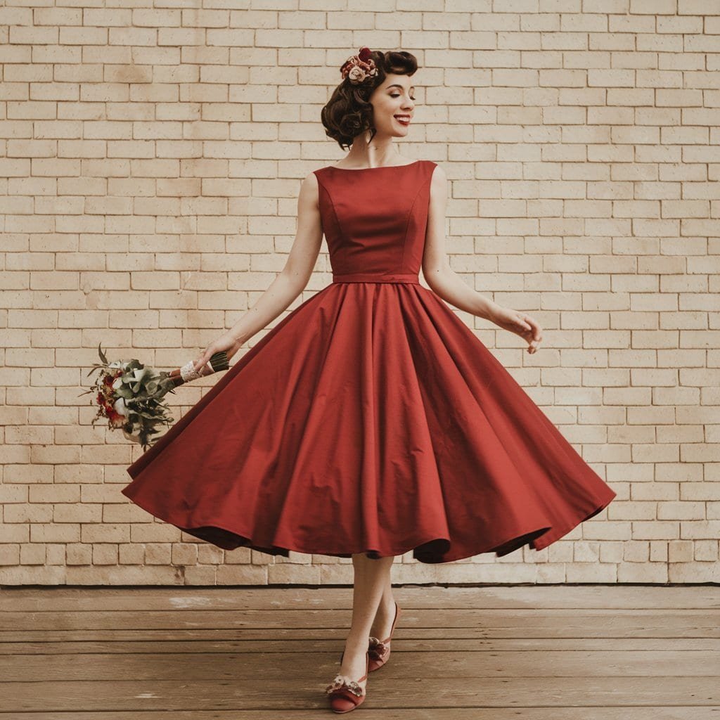 Bride in a vintage cherry red wedding dress, ideal for showcasing 1950s bridal fashion.