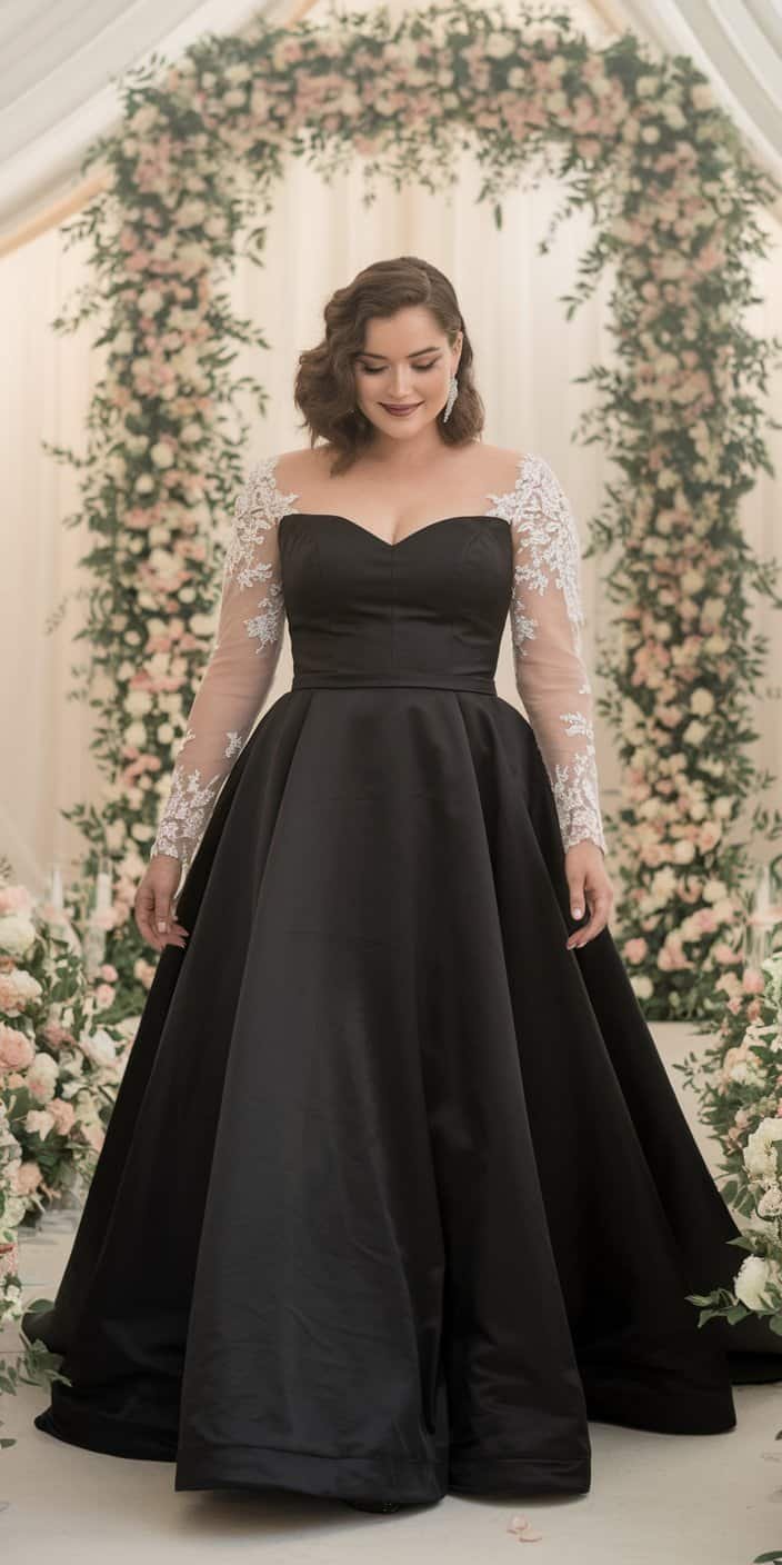 Flattering black A-line plus size wedding dress featuring a sweetheart neckline