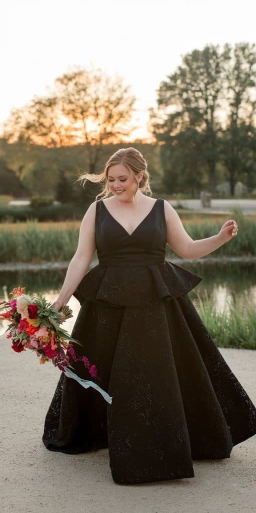 Charming plus size black wedding gown with peplum waist and twirling motion