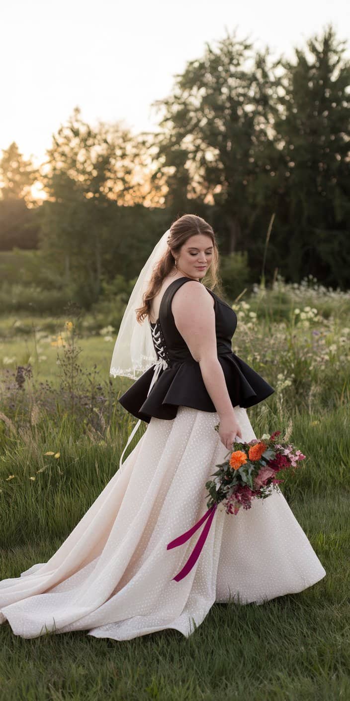 Flattering plus size black wedding dress with peplum waist and lively personality