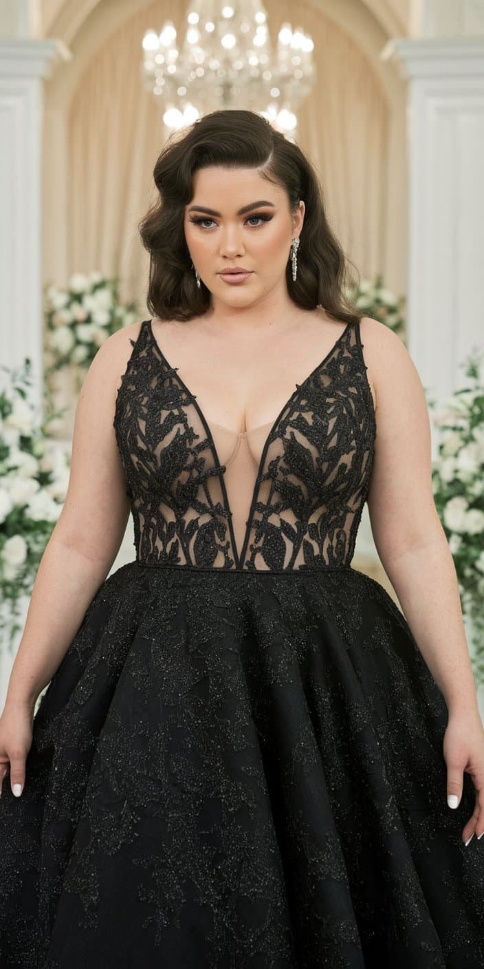 Elegant plus size black wedding dress with plunging neckline showcasing bold confidence