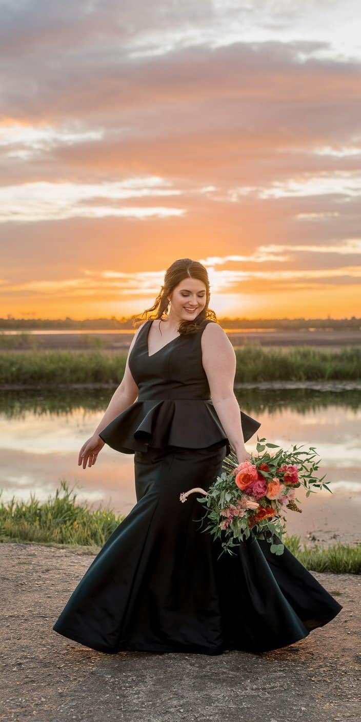 Playful plus size black peplum wedding dress with a beaming smile and joyful style