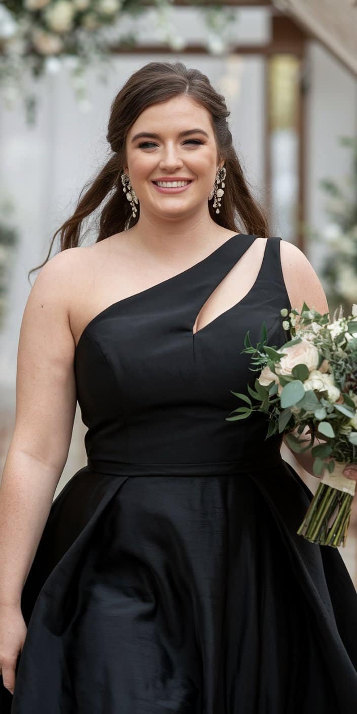 Chic plus size black wedding dress featuring asymmetrical one-shoulder neckline and radiant smile