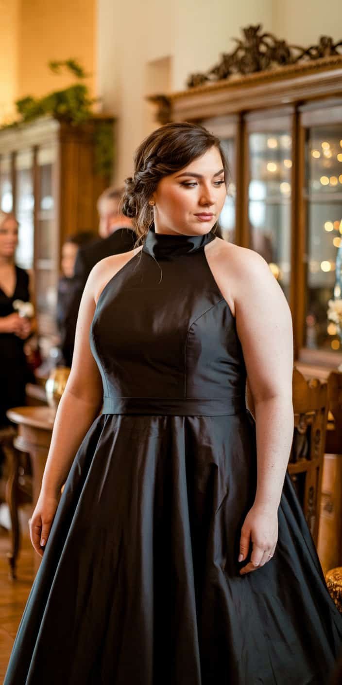 Elegant plus size black high-neck halter wedding dress supporting fuller bust