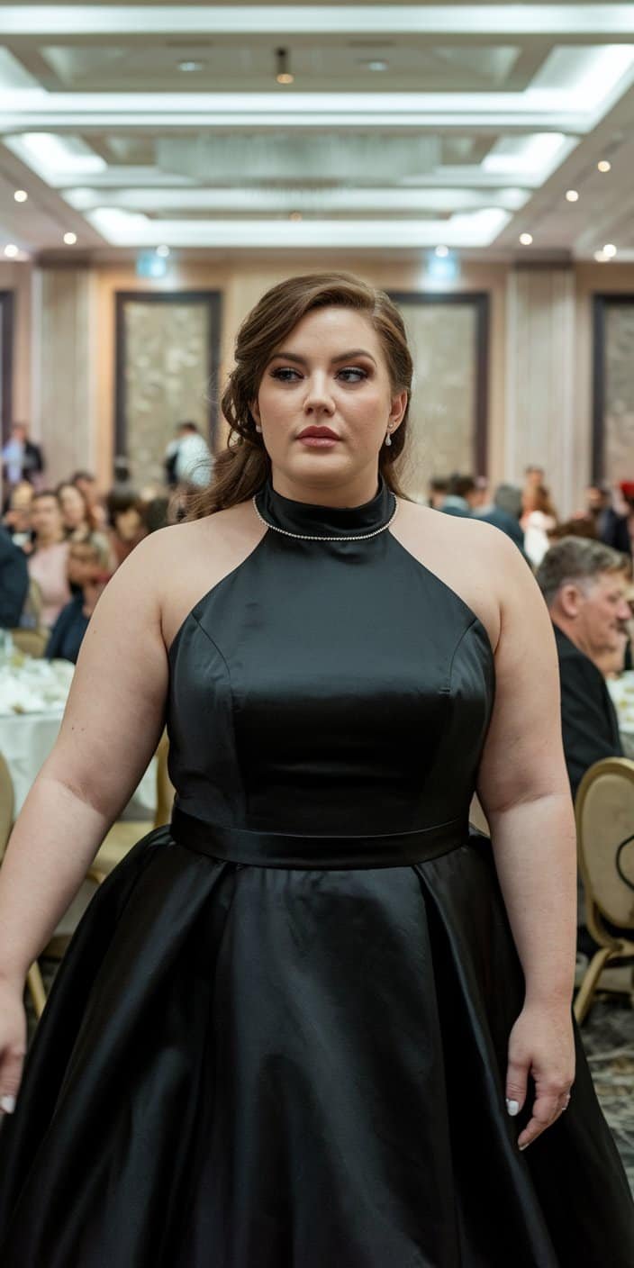 Sophisticated plus size black high-neck halter wedding dress for a modern bride