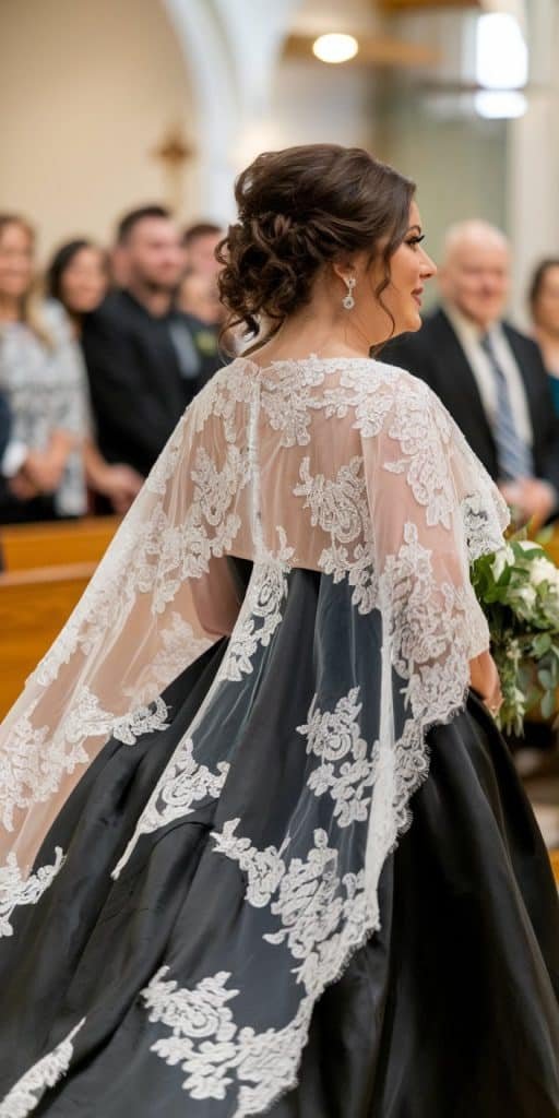 Elegant plus size black wedding dress with removable lace cape for a grand entrance