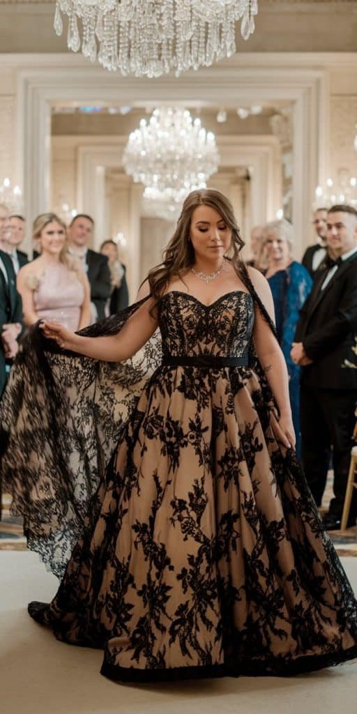 Charming plus size black wedding gown featuring a versatile lace cape