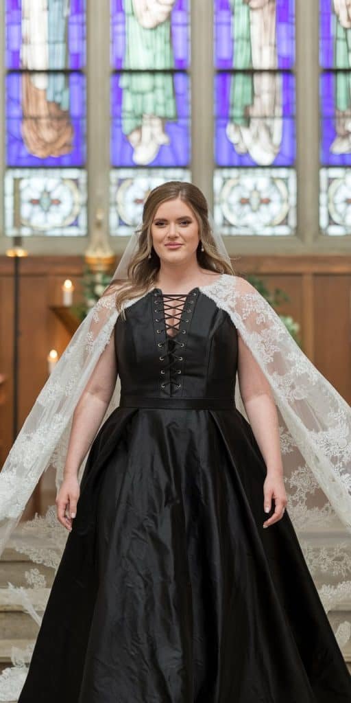 Sophisticated plus size black wedding dress with flowing lace cape adding drama